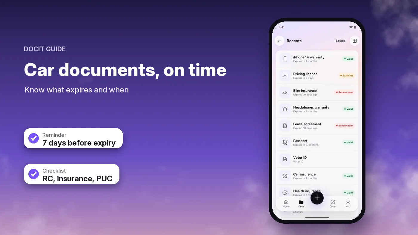 DocIt's Recents list with sample documents marked Valid, Expiring or Renew now, next to two labels: reminder 7 days before expiry, and checklist RC, insurance, PUC