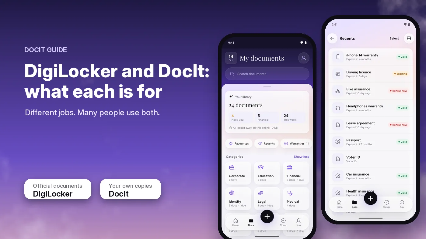 DocIt's My documents and Recents screens with sample data, and two plain labels: official documents, DigiLocker; your own copies, DocIt