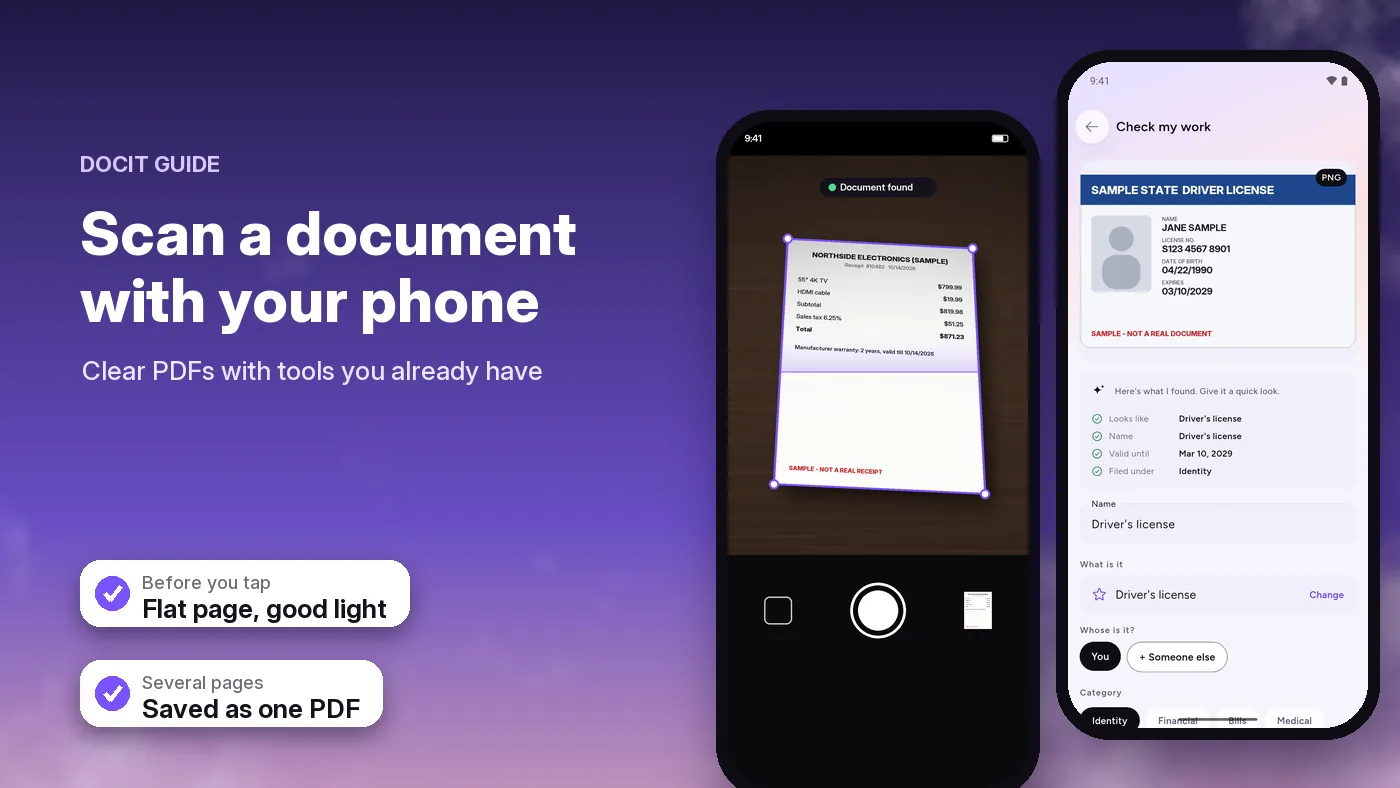 A phone camera finding the edges of a sample store receipt marked not a real receipt, next to DocIt's Check my work screen for a sample driver's license, with its type, expiry date and category ready for you to check