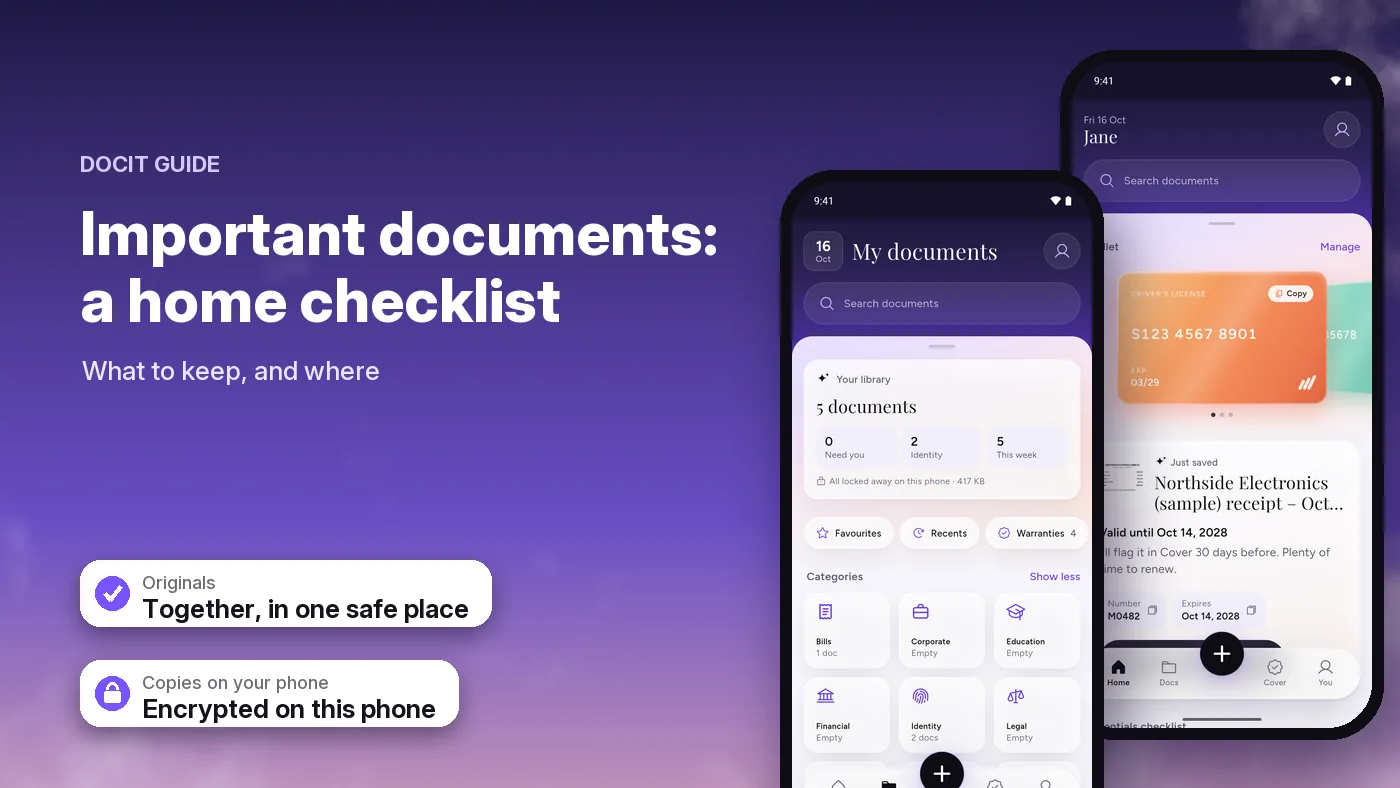 DocIt on two phones with sample data: the documents screen with categories such as Bills, Financial, Identity and Legal, and the wallet with a sample driver's license number ready to copy