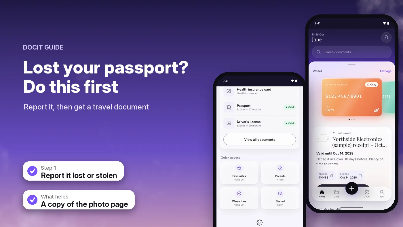 DocIt on two phones with sample documents: a list showing a saved passport marked Valid, and the wallet with a sample driver's license number ready to copy