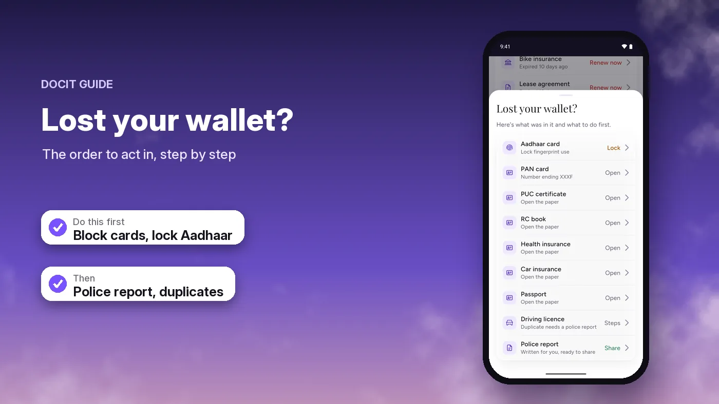 DocIt's Lost your wallet screen with sample data: Aadhaar, PAN, RC book, driving licence and a police report, each with its next step