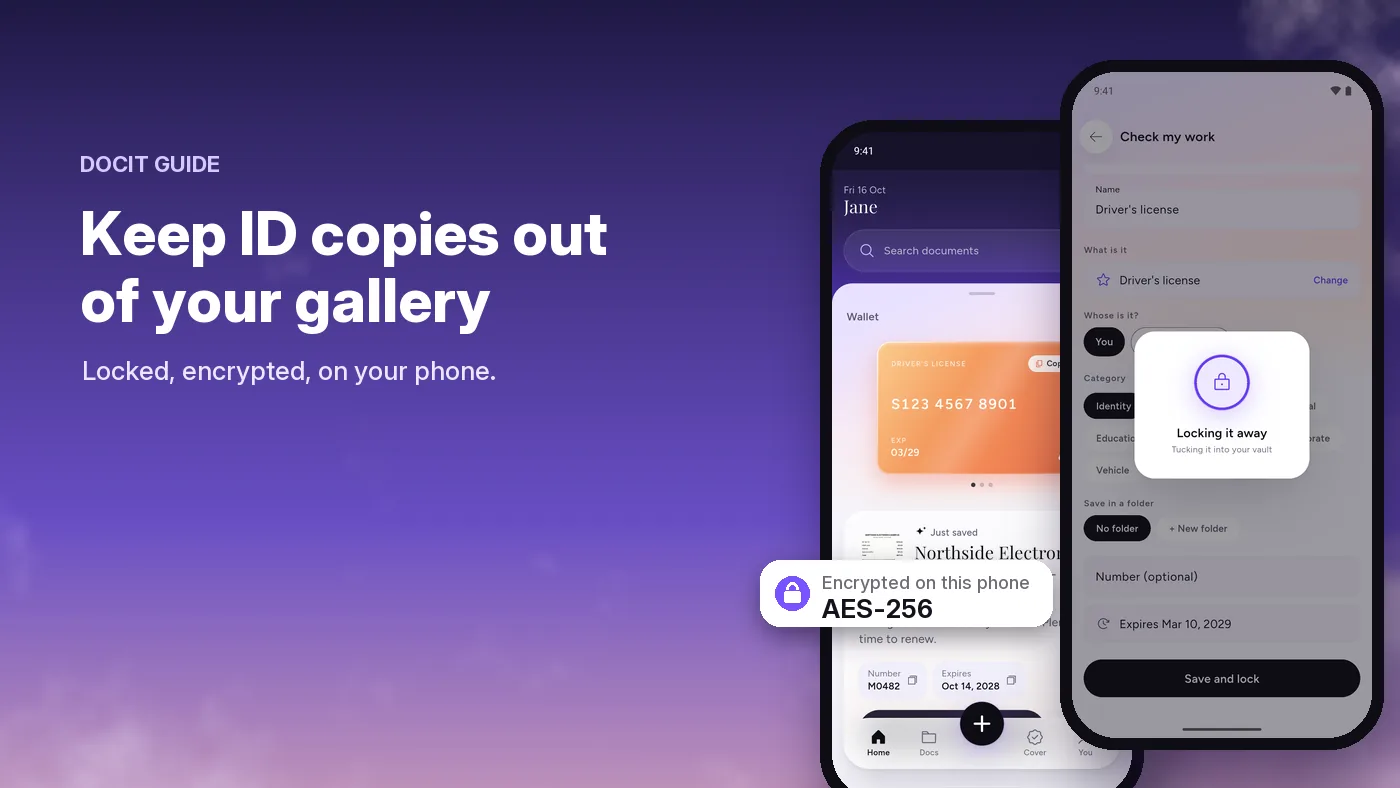 DocIt on two phones: the wallet with a sample driver's license, and a document being locked away, encrypted on the phone