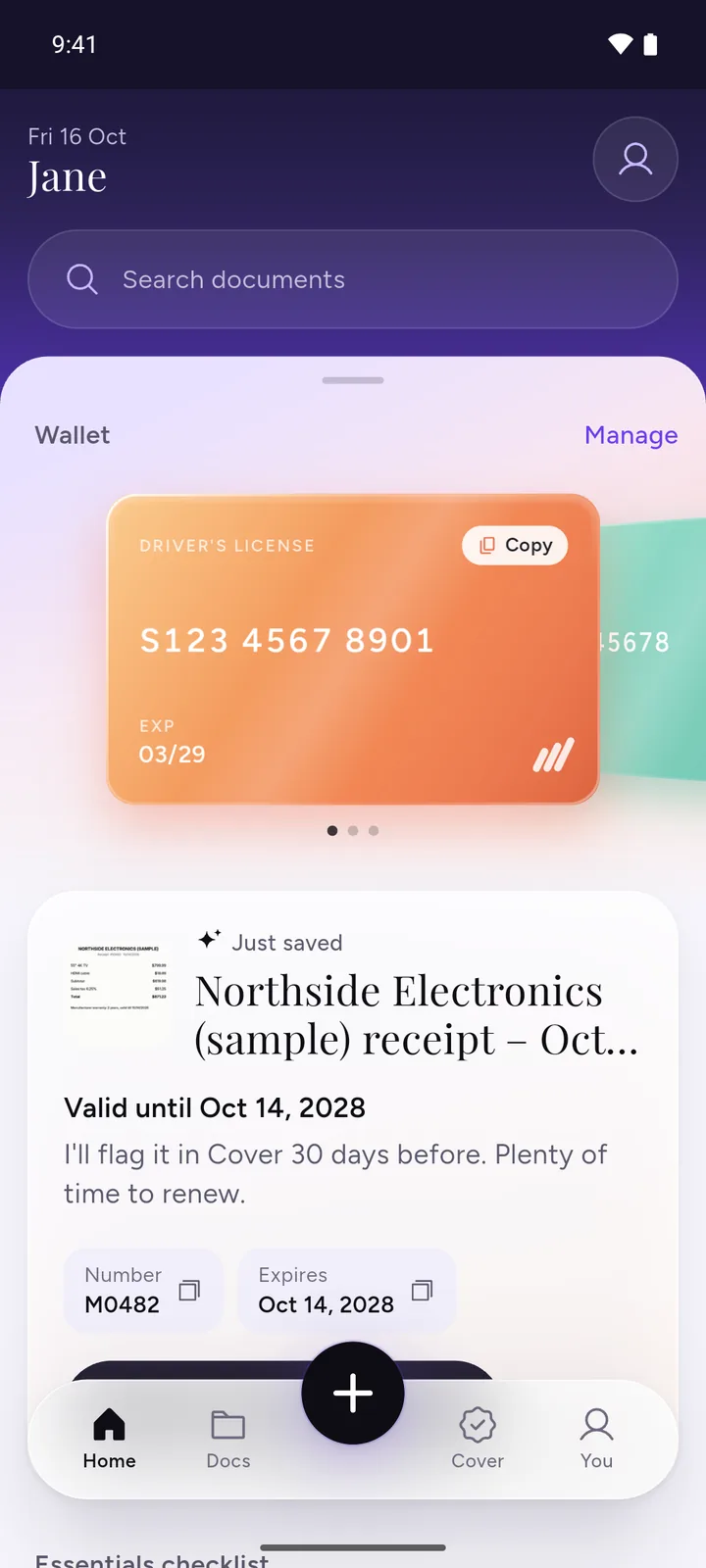 DocIt home screen with a sample driver's license in the wallet and a just-saved receipt, valid until Oct 14, 2028
