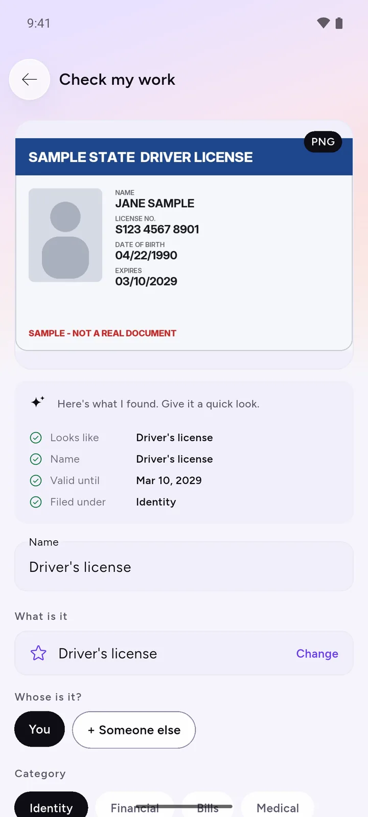 DocIt after scanning a sample driver's license, with the details it read ready to check