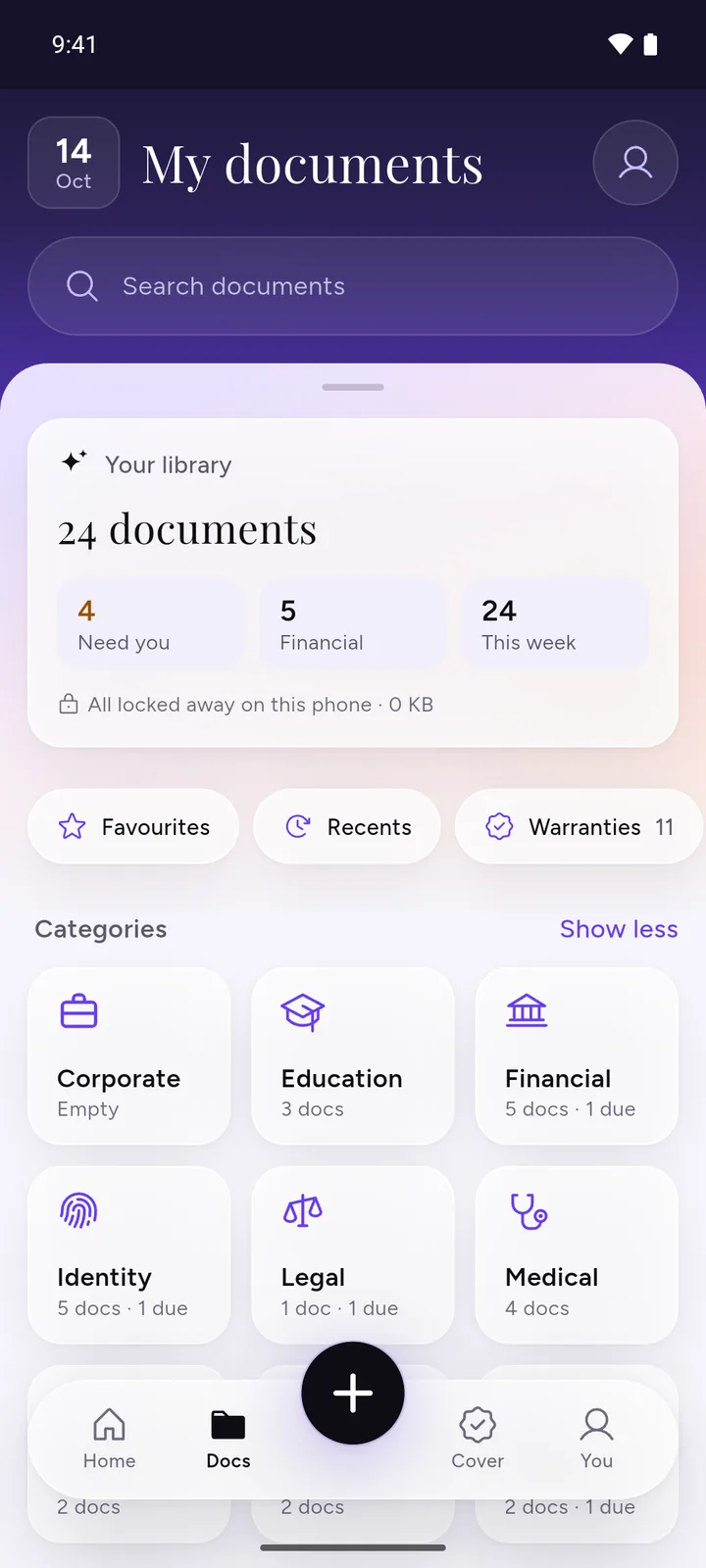 DocIt's documents screen with sample documents sorted into categories such as Financial, Identity, Legal and Medical, a search bar and a Warranties shortcut