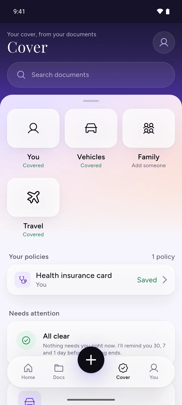 DocIt Cover tab: You, Vehicles, Family and Travel, a saved health insurance card, and nothing that needs attention