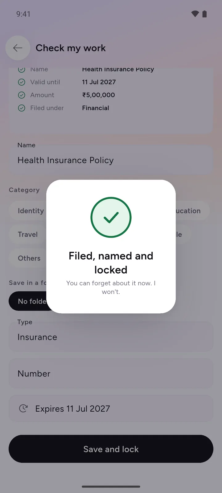 DocIt's save screen for a sample health insurance policy, showing the name, category, folder choice, type and expiry date it read, with a Filed, named and locked message